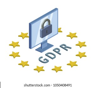 GDPR, concept isometric illustration. General Data Protection Regulation. Protection of personal data. Computer monitor and lock. Vector logo, isolated on white background.