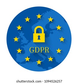GDPR concept with lock symbol, flag and map of the European Union. Circle shape icon isolated on white background.