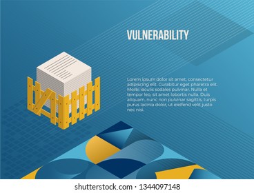 GDPR concept vector illustration with broken fence and stack of documents icons, title "Vulnerability" and text box. For web banners, landing pages, presentations, posters, advertising.