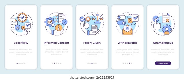 GDPR consent principles onboarding mobile app screen. Privacy protection. Walkthrough 5 steps editable graphic instructions with linear concepts. UI, UX, GUI