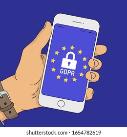 GDPR consept. Hand holding phone with GDPR image on screen device. Finger touch screen. Vector flat cartoon illustration for web sites, banners design