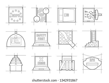 GDPR contour vector icons. Set of 12 symbols with data server, data storage, data cleansing, laptop, Information Security, DPO, protection of personal data.