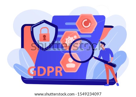 GDPR and cyber security, confidential database. General data protection regulation, personal information control, browser cookies permission concept. Pink coral blue vector isolated illustration