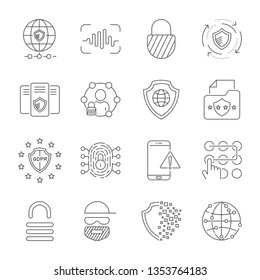 GDPR Data Privacy vector icon set. Included the icons as security information, data protection, shield, certificate, compliant, personal data, database and more. Editable Stroke. EPS 10