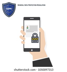 GDPR data protection. Hand holding phone vector illustration. Human hand holding mobile smartphone with form protected with padlock. White background and phone screen. GDPR EU security law.