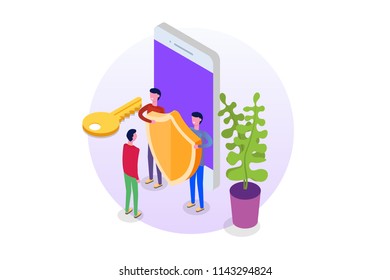 GDPR, Data Protection isometric concept, Network data, Internet security, Secure bank transaction.    Character Vector illustration.