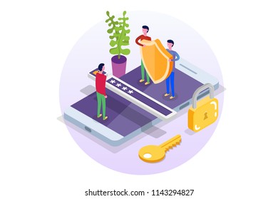 GDPR, Data Protection isometric concept, Network data, Internet security, Secure bank transaction.    Character Vector illustration.
