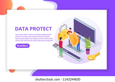 GDPR, Data Protection isometric concept, Network data, Internet security, Secure bank transaction.    Character Vector illustration.