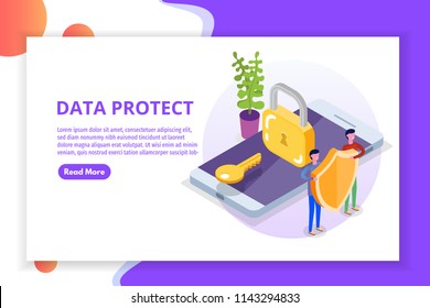 GDPR, Data Protection isometric concept, Network data, Internet security, Secure bank transaction.    Character Vector illustration.