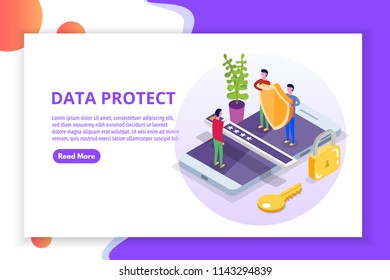 GDPR, Data Protection isometric concept, Network data, Internet security, Secure bank transaction.    Character Vector illustration.