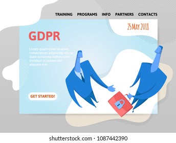 GDPR date. General Data Protection Regulation. Two businessmen exchanging information. Design template of website, poster, print media. Vector illustration.