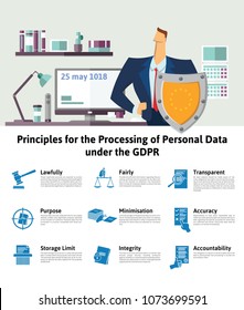 GDPR, DSGVO, RGPD concept, illustration. Principles for the Processing of Personal Data under the GDPR. General Data Protection Regulation. The protection of personal data, infographics.