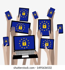 GDPR General data protection Hands holding Computer devices with padlock security