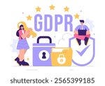 GDPR or General Data Protection Regulation Illustration featuring Cybersecurity, Personal Information Protection, and Access Control Verification