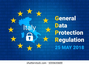 GDPR - General Data Protection Regulation. Map of Italy, EU flag. vector illustration