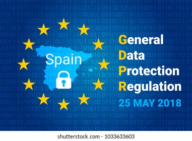 GDPR - General Data Protection Regulation. Map of Spain, EU flag. vector illustration