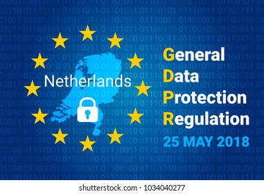 GDPR - General Data Protection Regulation. Map of Netherlands, EU flag. vector illustration
