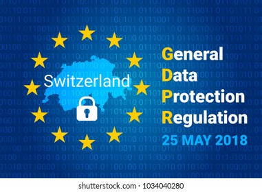 GDPR - General Data Protection Regulation. Map of Switzerland, EU flag. vector illustration