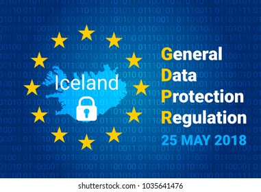 GDPR - General Data Protection Regulation. Map of Iceland, EU flag. vector illustration