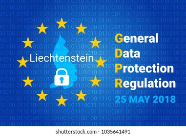 GDPR - General Data Protection Regulation. Map of Liechtenstein, EU flag. vector illustration