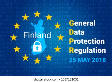 GDPR - General Data Protection Regulation. Map of Finland, EU flag. vector illustration