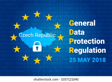 GDPR - General Data Protection Regulation. Map of Czech Republic, EU flag. vector illustration
