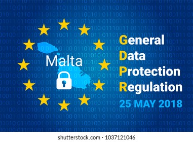 GDPR - General Data Protection Regulation. Map of Malta, EU flag. vector illustration