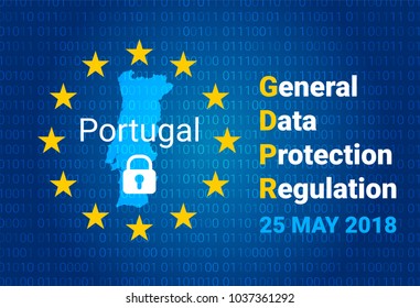 GDPR - General Data Protection Regulation. Map of Portugal, EU flag. vector illustration