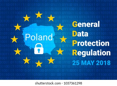 GDPR - General Data Protection Regulation. Map of Poland, EU flag. vector illustration