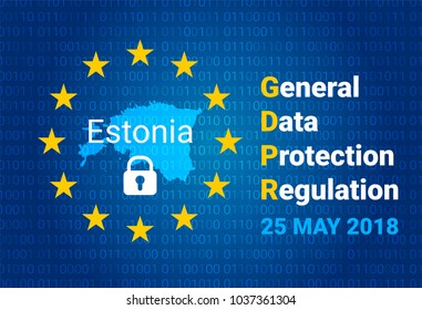 GDPR - General Data Protection Regulation. Map of Estonia, EU flag. vector illustration