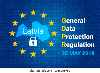 GDPR - General Data Protection Regulation. Map of Latvia, EU flag. vector illustration