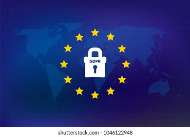 GDPR - General Data Protection Regulation, world map security lock, europe flag