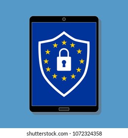 GDPR - General Data Protection Regulation text and shield on digital tablet screen