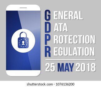 GDPR, general data protection regulation symbol with flat design smartphone and lock with personal data icon.