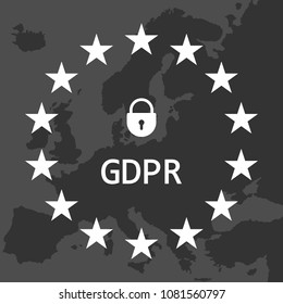 GDPR - General Data Protection Regulation on the background map and flag of the European Union with padlock. Vector illustration.