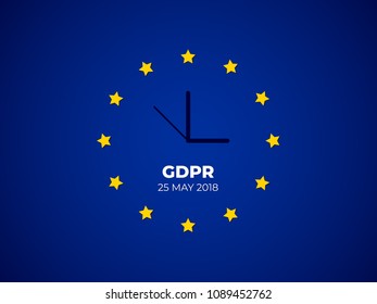 GDPR - General Data Protection Regulation. EU flag with clock, blue gradient background. Vector illustration