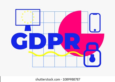GDPR - General Data Protection Regulation. Abstract minimal geometric web banner design, colorful pattern shape element in trendy memphis style, blue, pink colors. Vector illustration