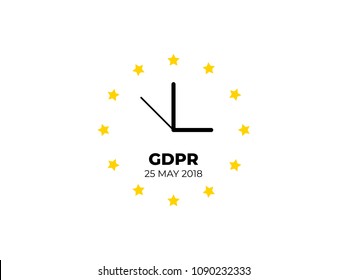 GDPR - General Data Protection Regulation. EU flag with clock, white background. Vector illustration