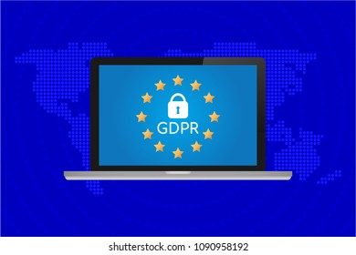 GDPR - General Data Protection Regulation, big lock and letters on computer display. Vector stock illustration. 