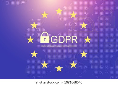GDPR - General Data Protection Regulation. Dotted Europe map and flag. Protection of personal data. Vector illustration.