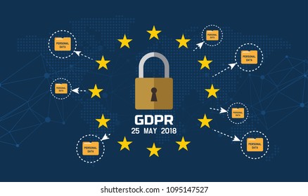 GDPR - General Data Protection Regulation, Cyber security and privacy and protection personal data 25 may 2018. World map EU and flag. Vector illustration.