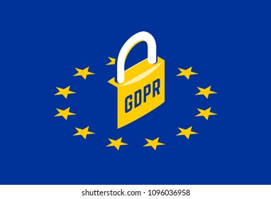 GDPR - General Data Protection Regulation. Yellow padlock on EU flag. Vector isometric illustration