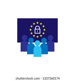 GDPR. General Data Protection Regulation. EU map and flag. People Icon. Business team work. Social network. Crowd sign. Leadership or community concept. Vector illustration in flat style.