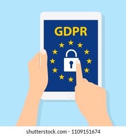 GDPR - General Data Protection Regulation, big lock and letters on digital tablet. vector illustration in a flat style