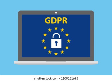 GDPR - General Data Protection Regulation, big lock and letters on laptop. vector illustration in a flat style