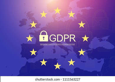 GDPR - General Data Protection Regulation. Dotted Europe map and flag. Protection of personal data. Vector illustration.