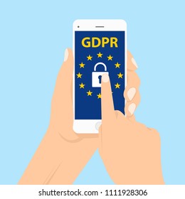 GDPR - General Data Protection Regulation, big lock and letters on digital smartphone. vector illustration in a flat style