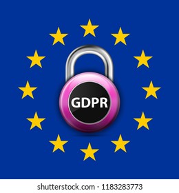 GDPR General Data Protection Regulation EU lock. Gdpr badge internet business guard padlock. Safety badge vector icon. Security label. Defense safeguard tag. Privacy policy protect sticker shape icon