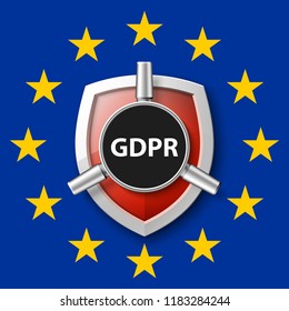 GDPR General Data Protection Regulation EU shield. Gdpr badge internet business guard shield. Safety badge vector icon. Security label. Defense safeguard tag. Privacy policy protect sticker shape icon