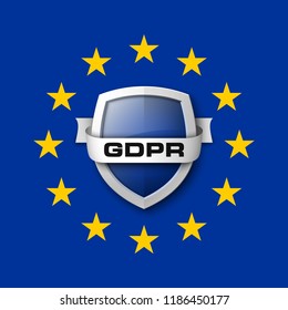 GDPR General Data Protection Regulation EU shield. Gdpr badge internet business guard shield. Safety badge vector icon. Security label. Defense safeguard tag. Privacy policy protect sticker shape icon